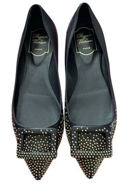 Roger Vivier Black Leather Gommettine Gold Studded Ballet Flats in Sz 36.5 6.5